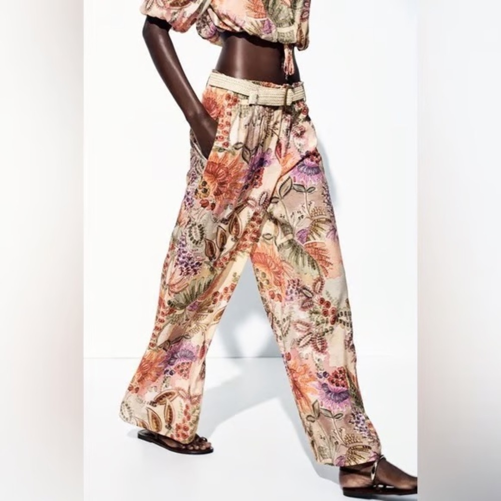 Zara Floral Print Wide Leg Trousers - Size M